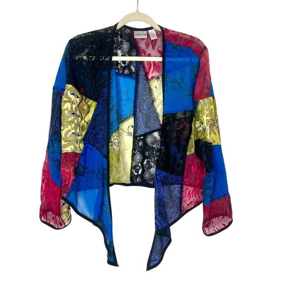 Chico's Silk Lace patchwork Top Women Large Multicolor Velvet Tie Front blouse 2 - Picture 4 of 15